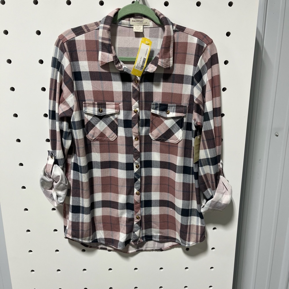 NWT Passport Marisol Roll Tab Plaid Shirt Mauve and Blue Size 16